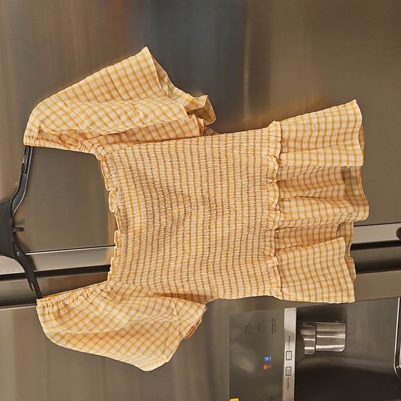 💕SKIES ARE BLUE💕 Checkered Smocked Top Yellow Mustard Gingham Print Large NWT - Picture 9 of 16